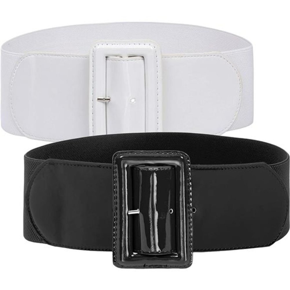 Women's Stretchy Belt 1950s 3 Inch Wide Elastic Belts, Black & White